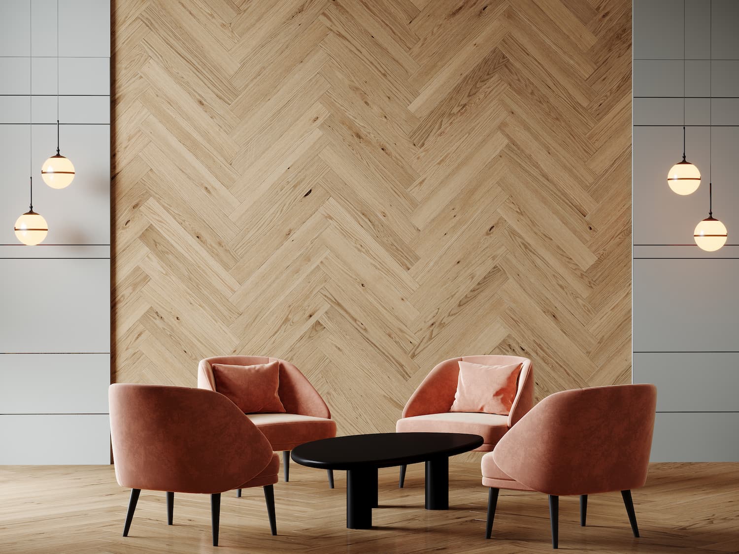 Herringbone wood wall hospitality space.