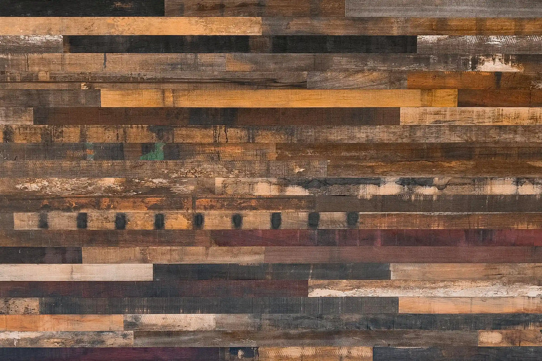 Jakarta Market Blend Rustic sustainable distressed multicolor wood paneling plank accent wall from WD Walls