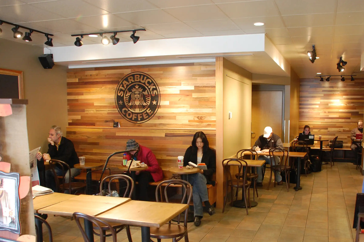 Jakarta market blend smooth multicolor sustainable wood planking accent wall from WD Walls Starbucks