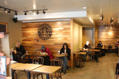Jakarta market blend smooth multicolor sustainable wood planking accent wall from WD Walls Starbucks