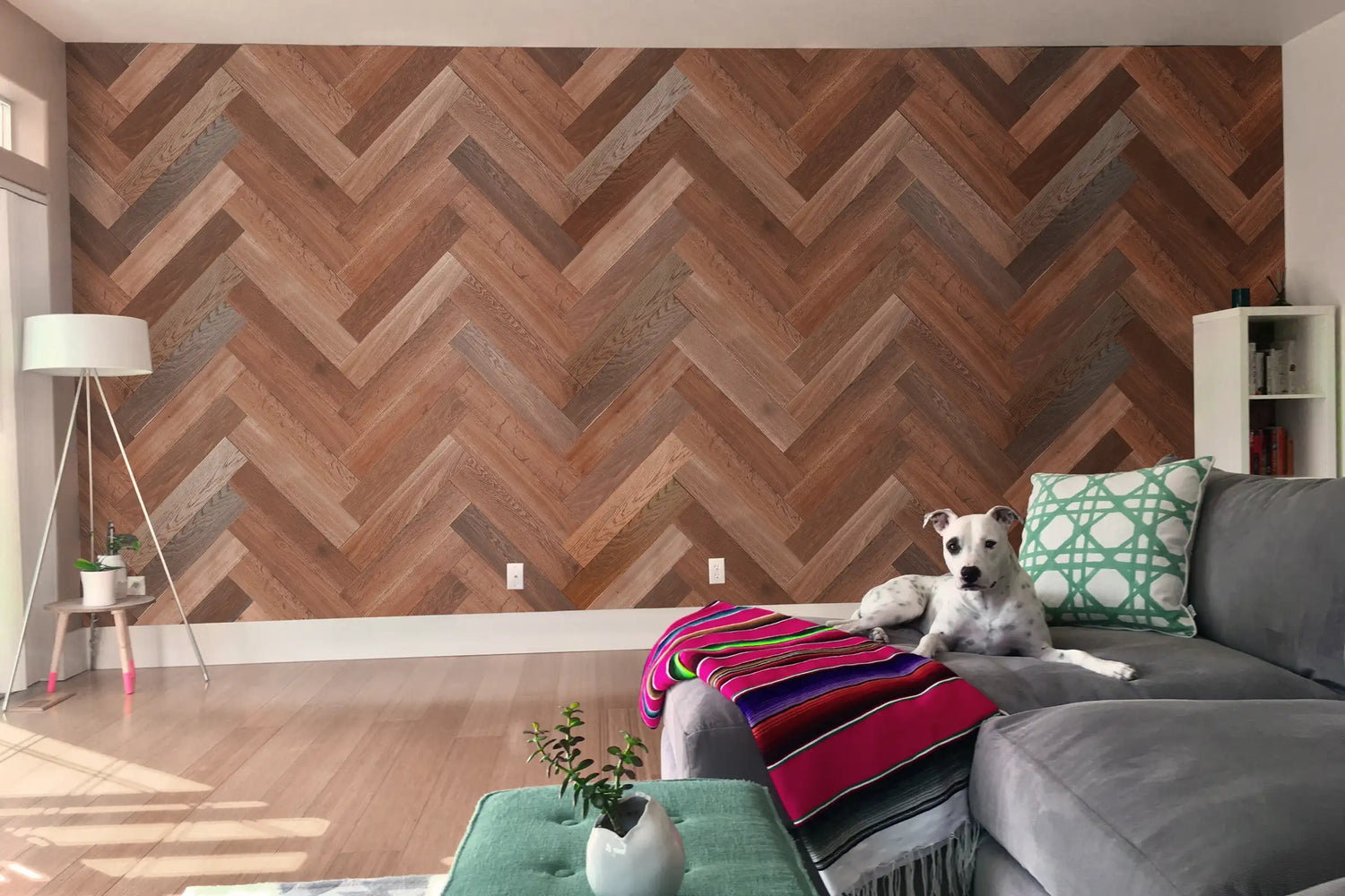 Seine white oak herringbone sustainable wood planking accent wall from WD Walls