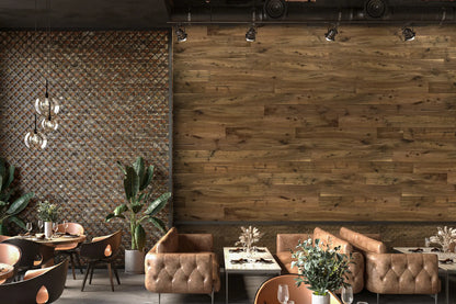 Walnut rustic knotted sustainable wood planking accent walls flooring by WD Walls